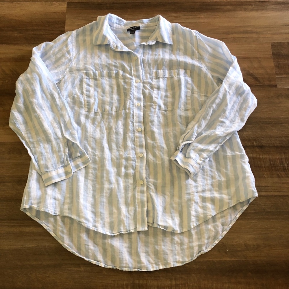 Like New Lord & Taylor Linen Ticking Striped Button Down Shirt 3X